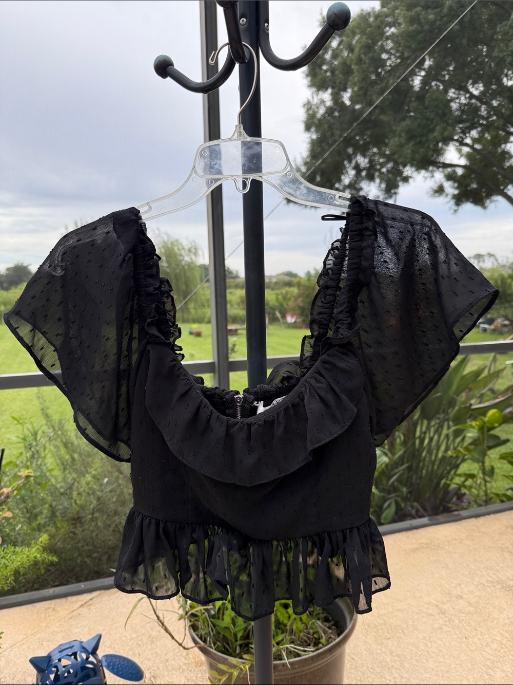 Wayf Black Ruffle Flutter Sleeve Crop Top with Sheer Dotted Fabric